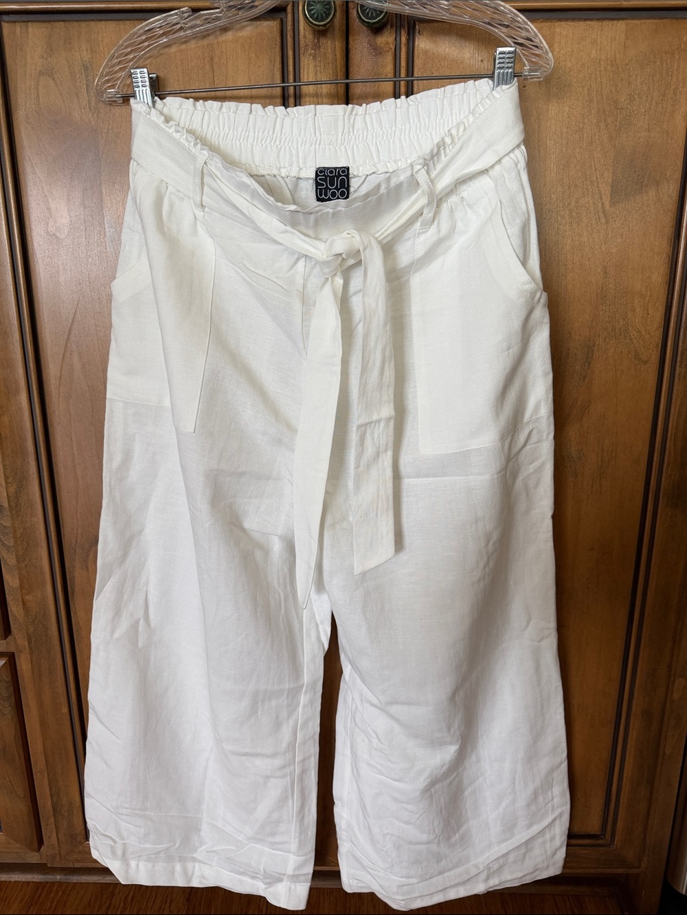 Clara Sun Woo Ivory/White Linen Blend Wide Leg Pants
